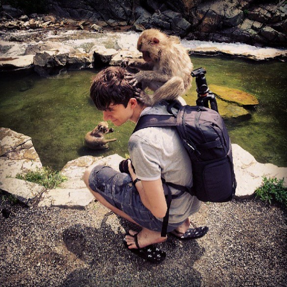 Ça c'est au Japon... ils sont plus mignons les singes au Japon. Oui, les singes aiment monter sur moi, ne me demandez pas pourquoi...